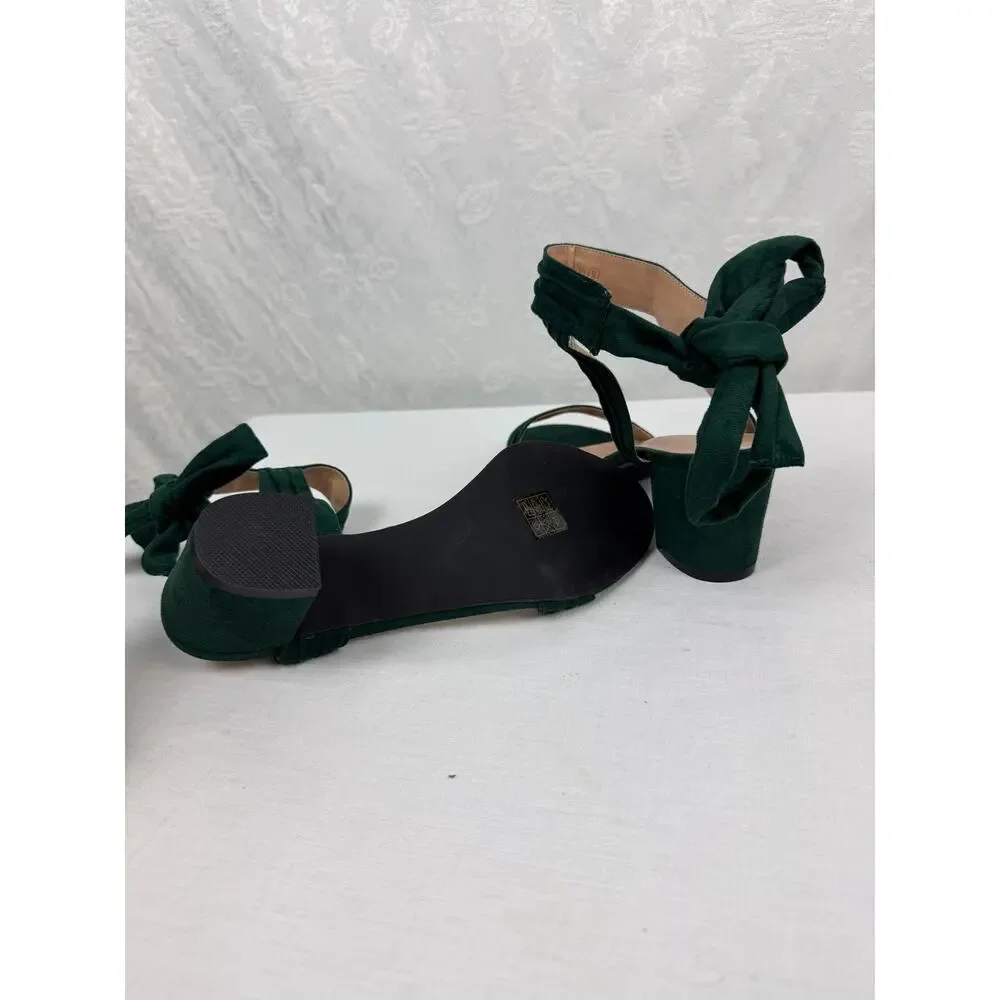 Green Suede-Look Ankle Tie Block Heel Sandals Women's US 9